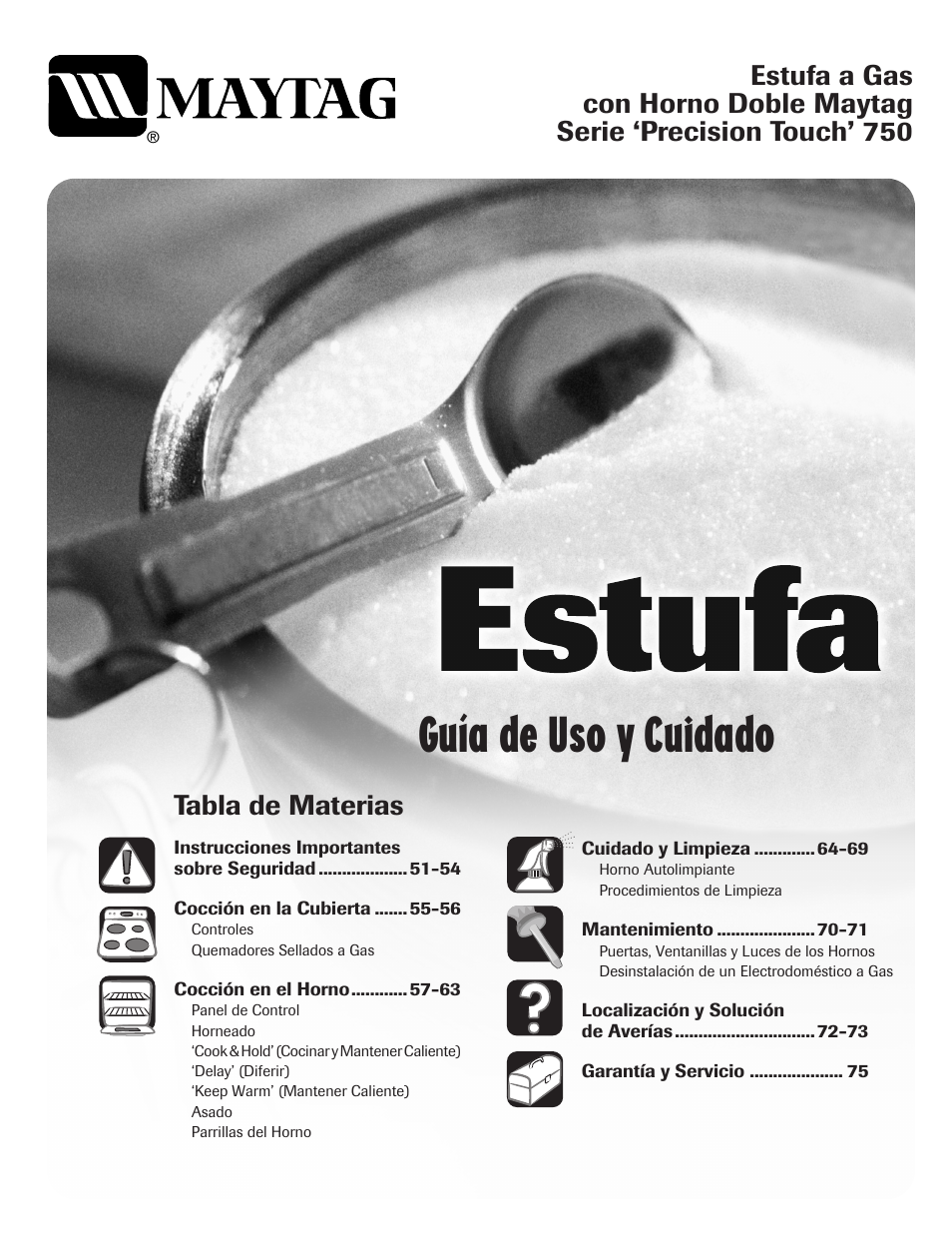 Guía de uso y cuidado, Tabla de materias | Maytag MGR6751BDW User Manual | Page 51 / 76