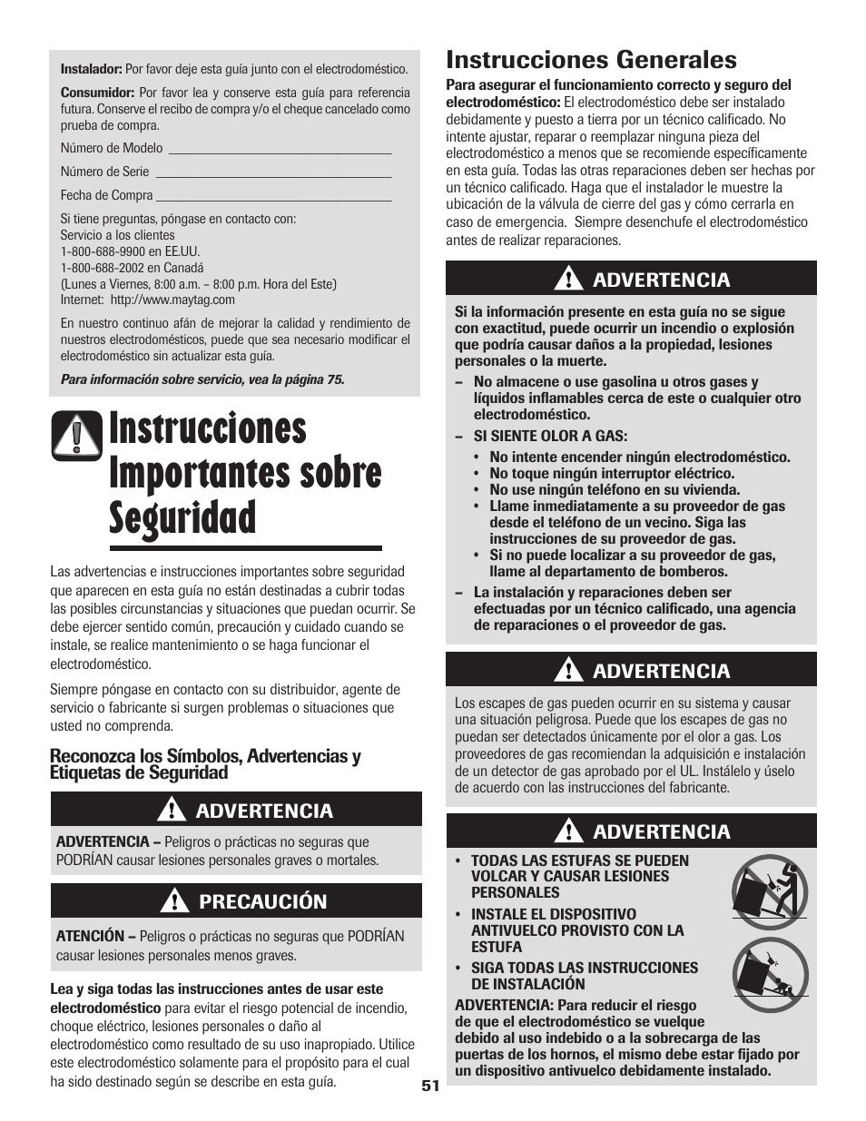 Instrucciones importantes sobre seguridad, Instrucciones generales | Maytag MGR6751BDW User Manual | Page 52 / 76