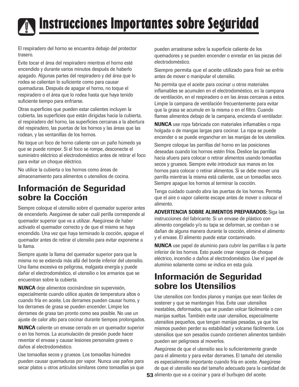 Instrucciones importantes sobre seguridad, Información de seguridad sobre la cocción, Información de seguridad sobre los utensilios | Maytag MGR6751BDW User Manual | Page 54 / 76