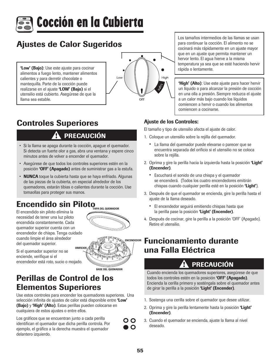 Cocción en la cubierta, Controles superiores encendido sin piloto, Perillas de control de los elementos superiores | Funcionamiento durante una falla eléctrica, Ajustes de calor sugeridos, Precaución | Maytag MGR6751BDW User Manual | Page 56 / 76