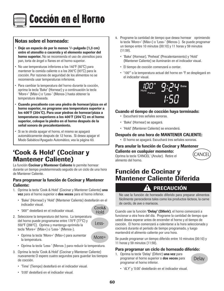 Cocción en el horno, Cook & hold’ (cocinar y mantener caliente), Función de cocinar y mantener caliente diferida | Notas sobre el horneado, Precaución | Maytag MGR6751BDW User Manual | Page 61 / 76