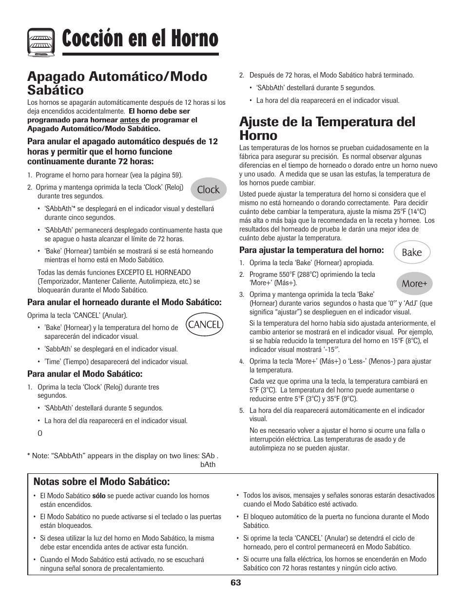 Cocción en el horno, Ajuste de la temperatura del horno, Apagado automático/modo sabático | Notas sobre el modo sabático | Maytag MGR6751BDW User Manual | Page 64 / 76