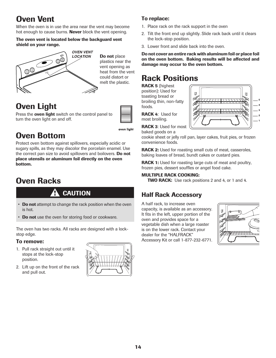Oven light, Oven bottom, Oven racks | Rack positions, Oven vent, Caution, Half rack accessory | Maytag MAGIC CHEF CER3725AGW User Manual | Page 15 / 16