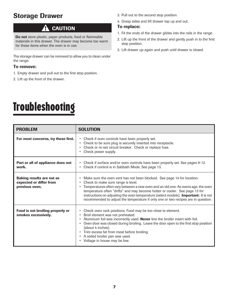Troubleshooting, Storage drawer, Caution | Maytag MAGIC CHEF CER3725AGW User Manual | Page 8 / 16