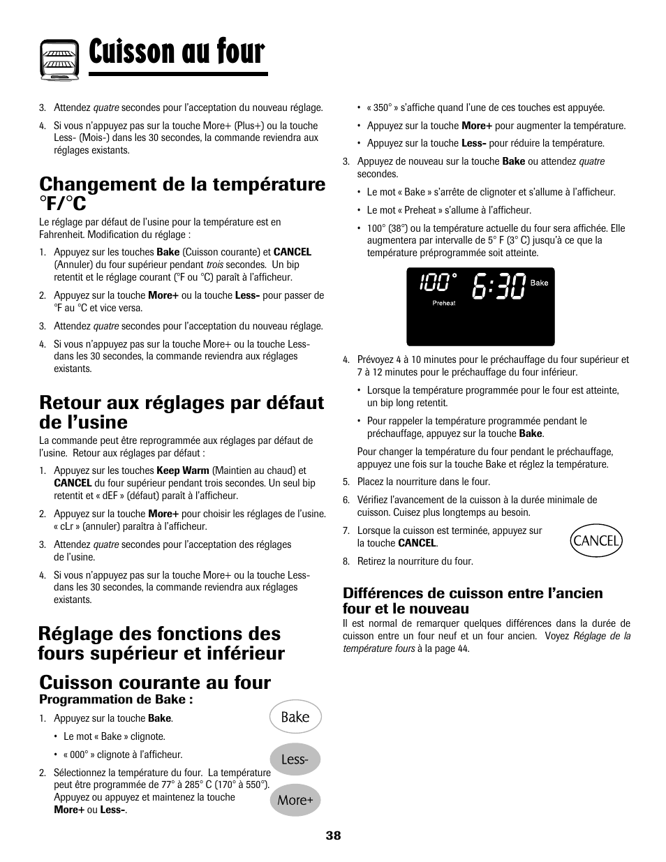 8113p636-60.p39, Cuisson au four, Changement de la température | Retour aux réglages par défaut de l’usine, Cuisson courante au four | Maytag 8113P636-60 User Manual | Page 39 / 84