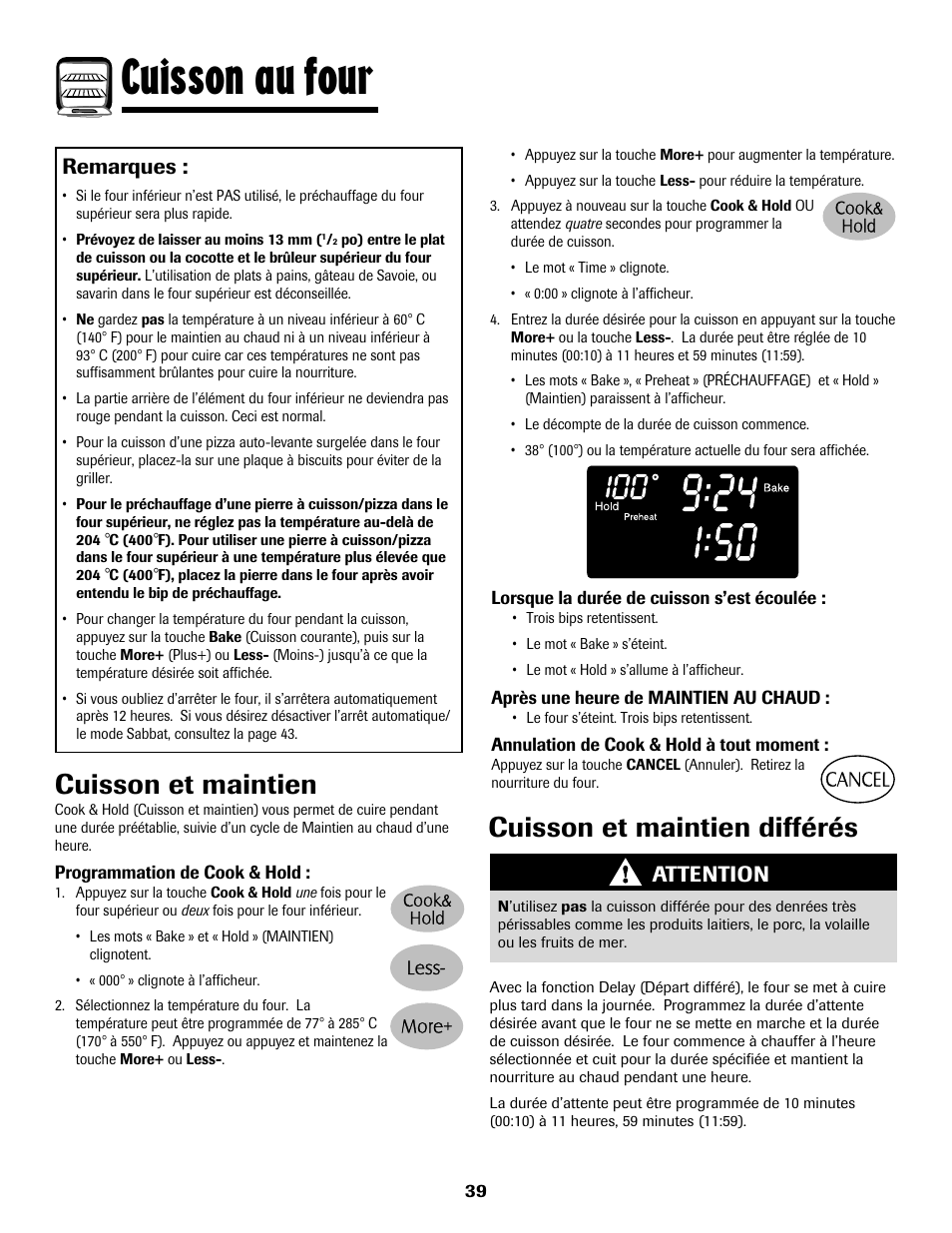8113p636-60.p40, Cuisson au four, Cuisson et maintien | Cuisson et maintien différés, Remarques, Attention | Maytag 8113P636-60 User Manual | Page 40 / 84