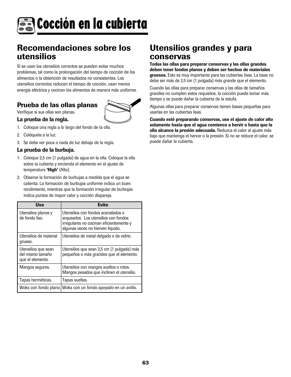 8113p636-60.p64, Cocción en la cubierta, Utensilios grandes y para conservas | Recomendaciones sobre los utensilios, Prueba de las ollas planas | Maytag 8113P636-60 User Manual | Page 64 / 84