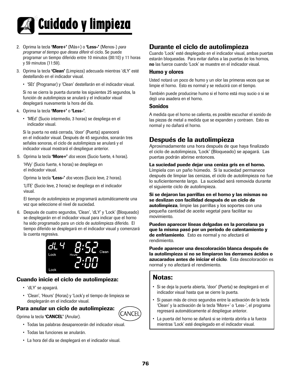 8113p636-60.p77, Cuidado y limpieza, Notas | Durante el ciclo de autolimpieza, Después de la autolimpieza | Maytag 8113P636-60 User Manual | Page 77 / 84