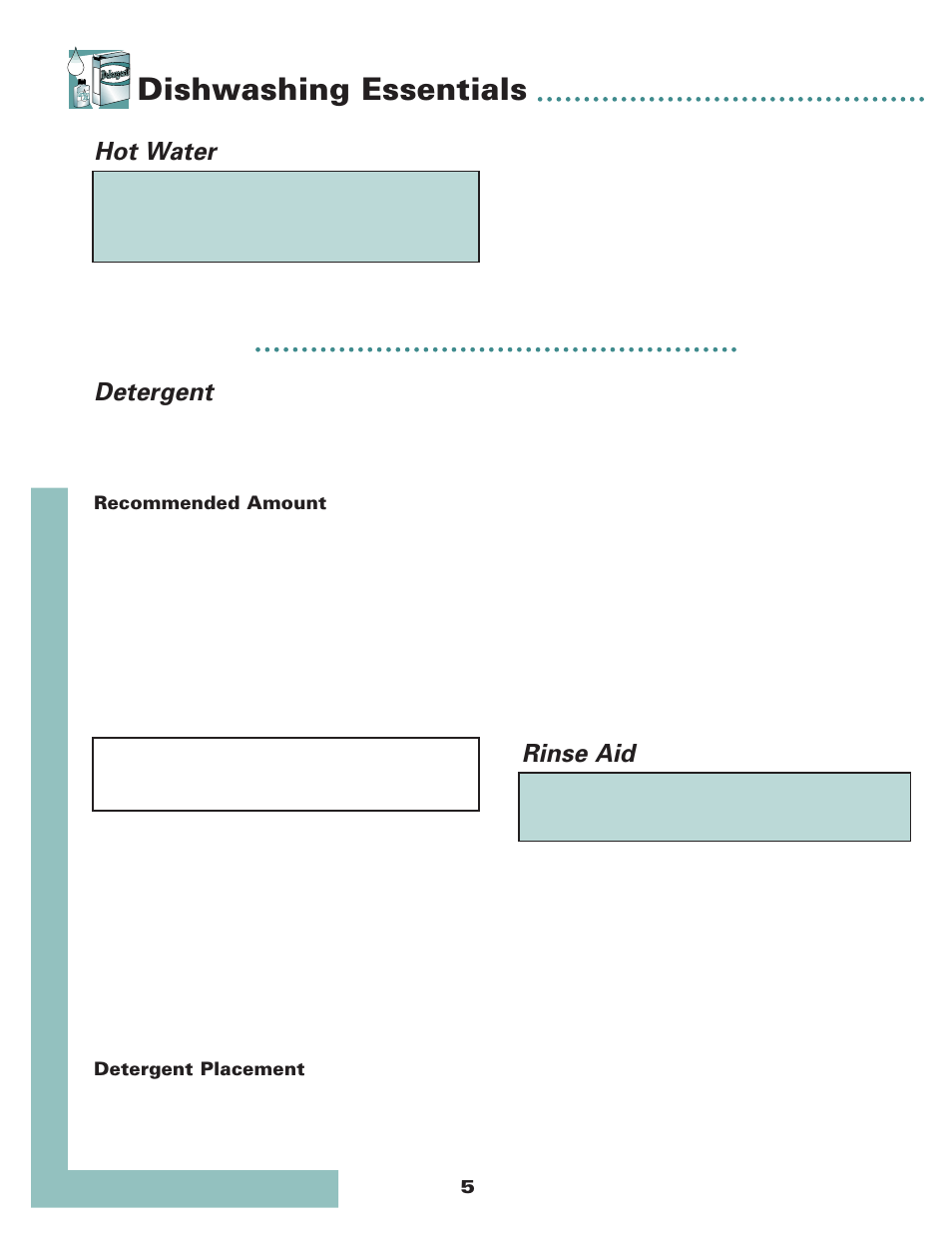 Dishwashing essentials, Hot water, Detergent | Rinse aid | Maytag 6 915928 A User Manual | Page 6 / 12