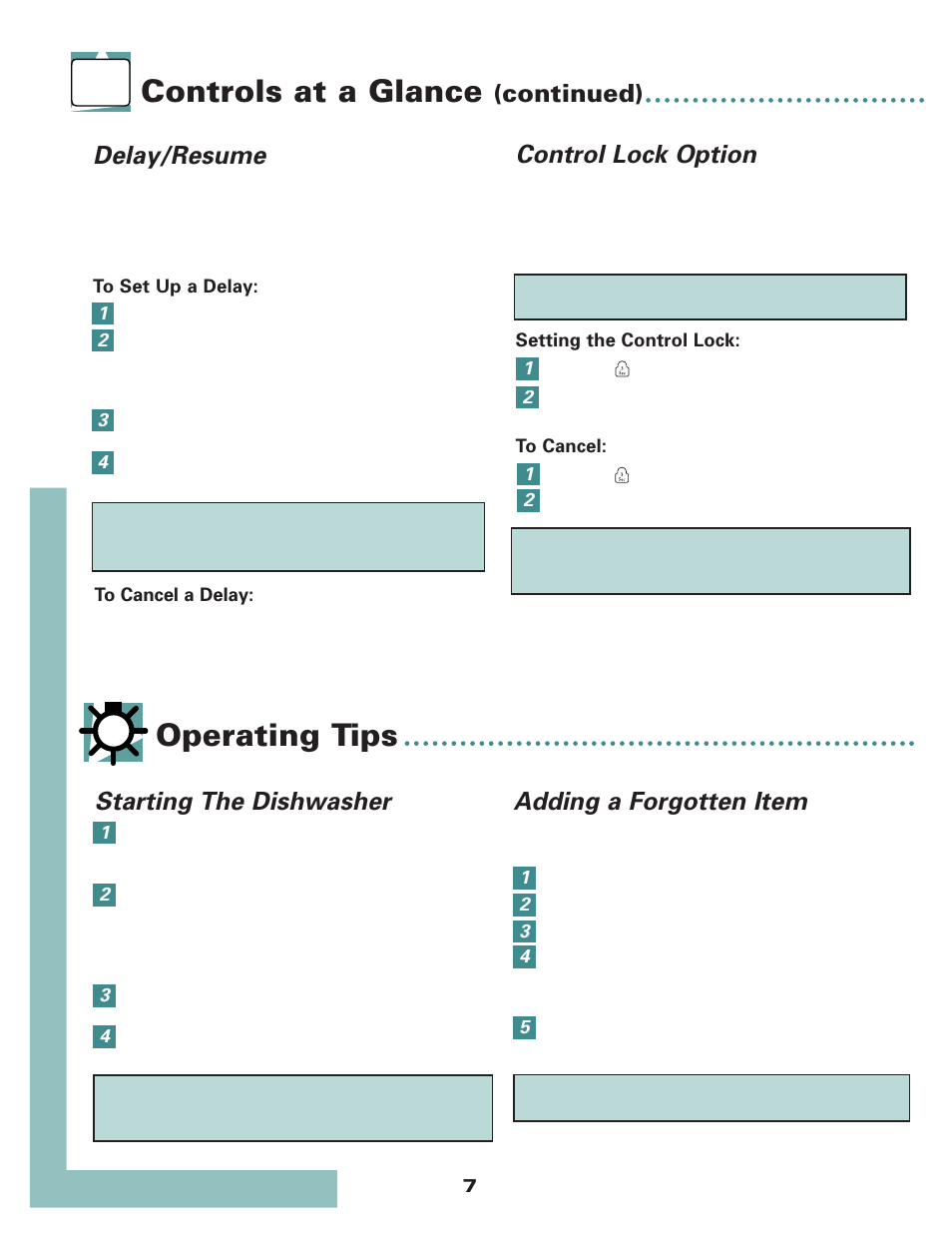 Operating tips, Controls at a glance, Control lock option | Starting the dishwasher, Adding a forgotten item, Delay/resume, Continued) | Maytag 6 915928 A User Manual | Page 8 / 12