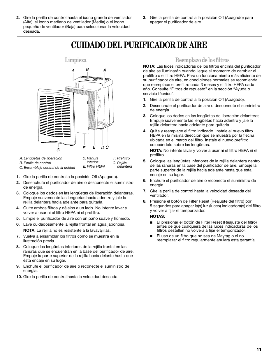 Cuidado del purificador de aire, Limpieza, Reemplazo de los filtros | Maytag MT-AP250450 User Manual | Page 11 / 20