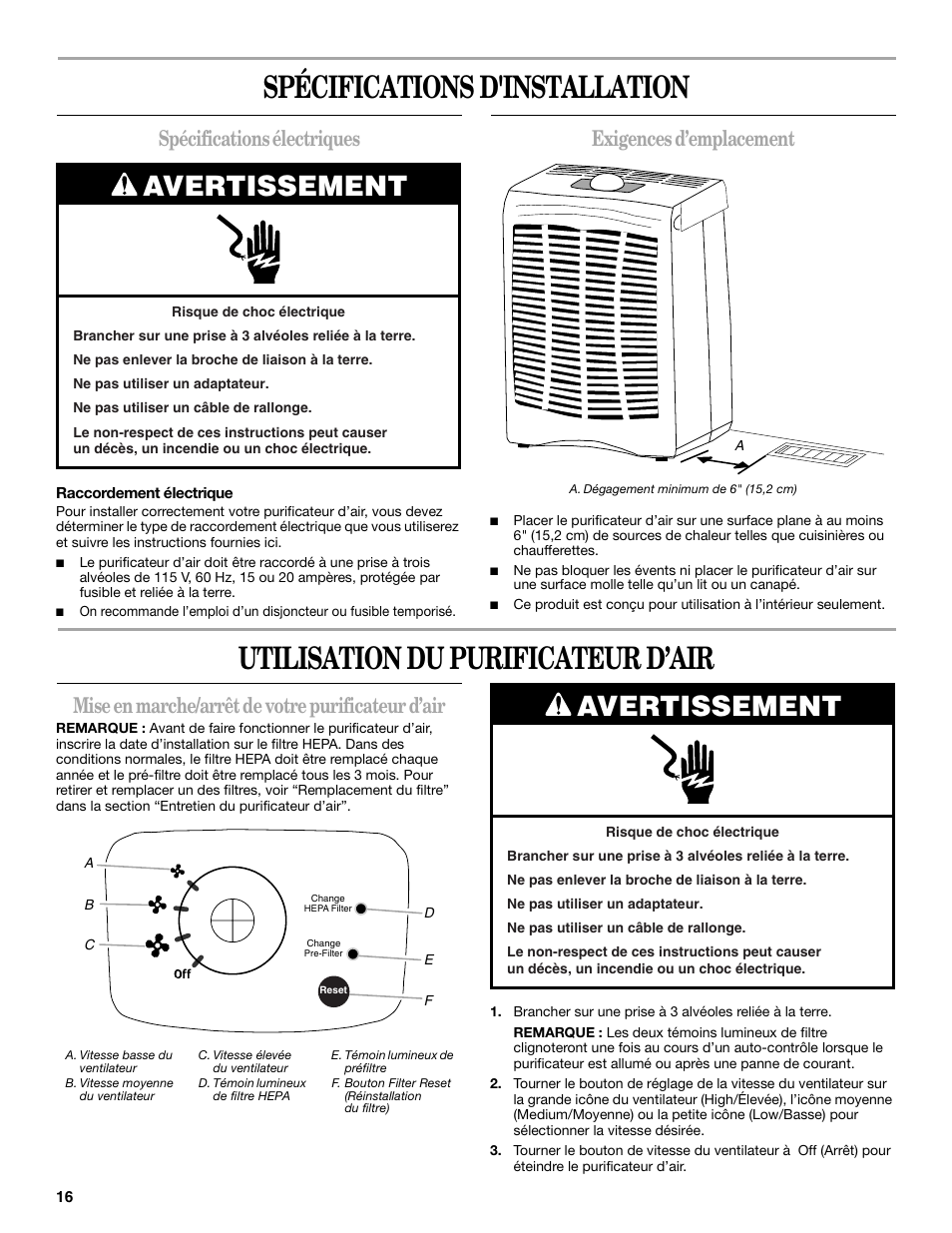 Spécifications d'installation, Utilisation du purificateur d’air, Avertissement | Spécifications électriques, Exigences d’emplacement, Mise en marche/arrêt de votre purificateur d’air | Maytag MT-AP250450 User Manual | Page 16 / 20