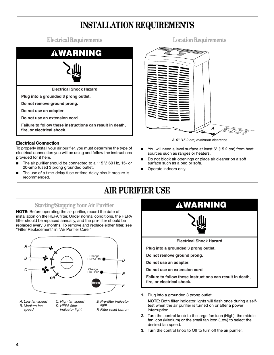 Installation requirements, Air purifier use, Warning | Electrical requirements, Location requirements, Starting/stopping your air purifier | Maytag MT-AP250450 User Manual | Page 4 / 20
