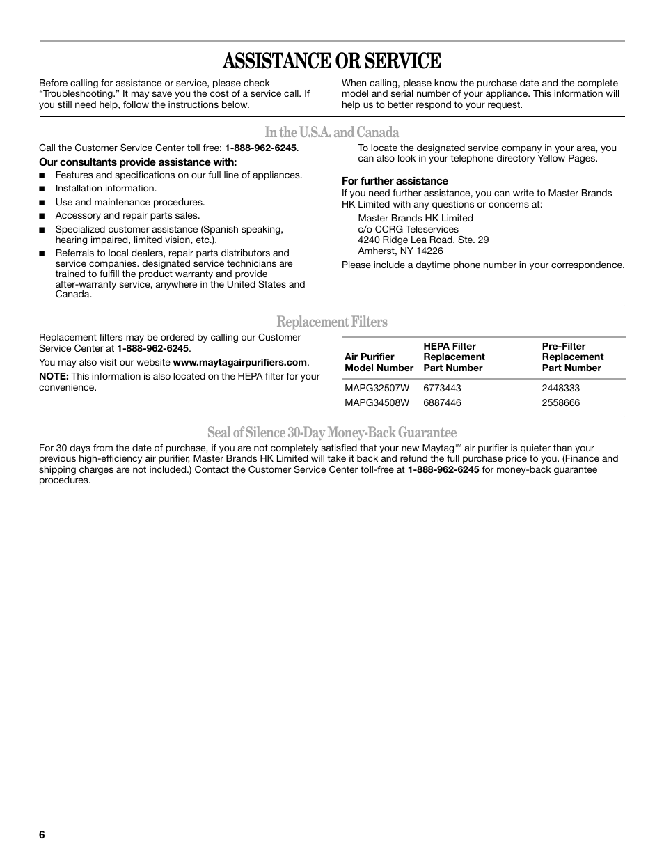 Assistance or service, Replacement filters, Seal of silence 30-day money-back guarantee | Maytag MT-AP250450 User Manual | Page 6 / 20