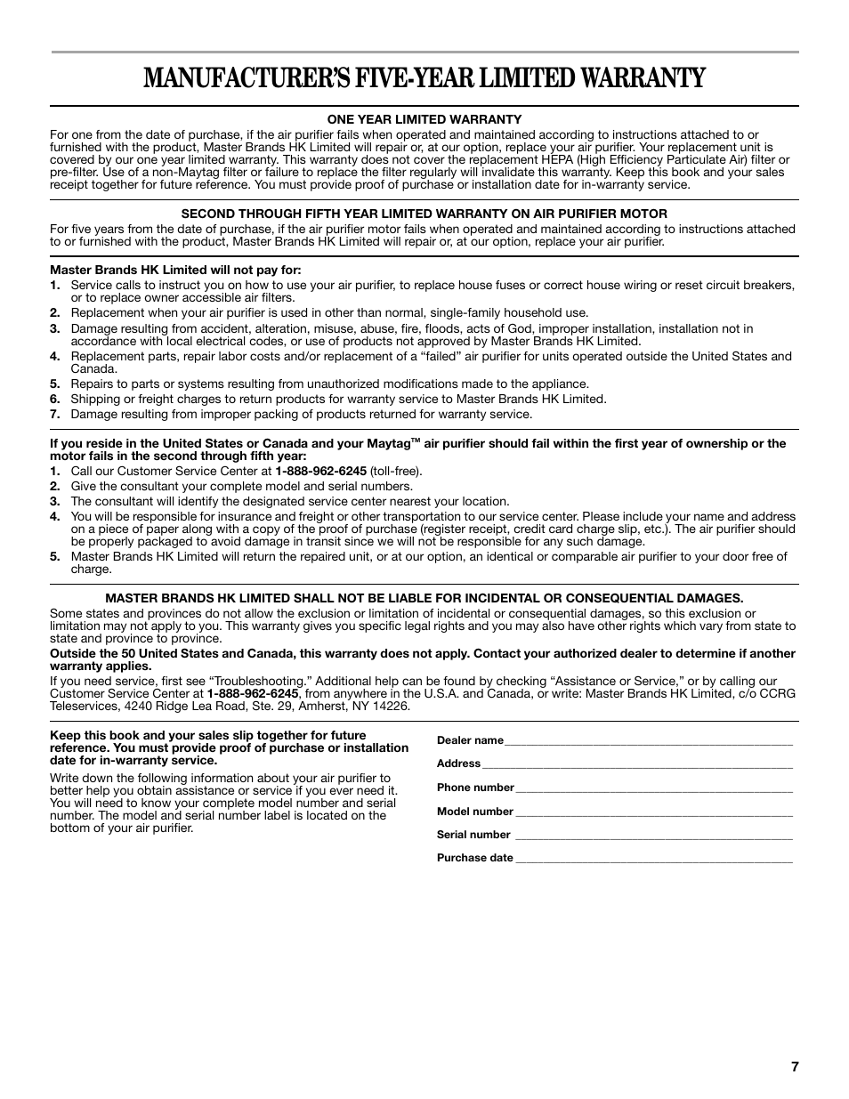 Manufacturer’s five-year limited warranty | Maytag MT-AP250450 User Manual | Page 7 / 20