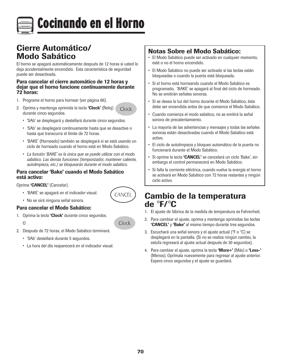 Cocinando en el horno, Cierre automático/ modo sabático, Cambio de la temperatura de | Notas sobre el modo sabático | Maytag MGR5775QDW User Manual | Page 71 / 84