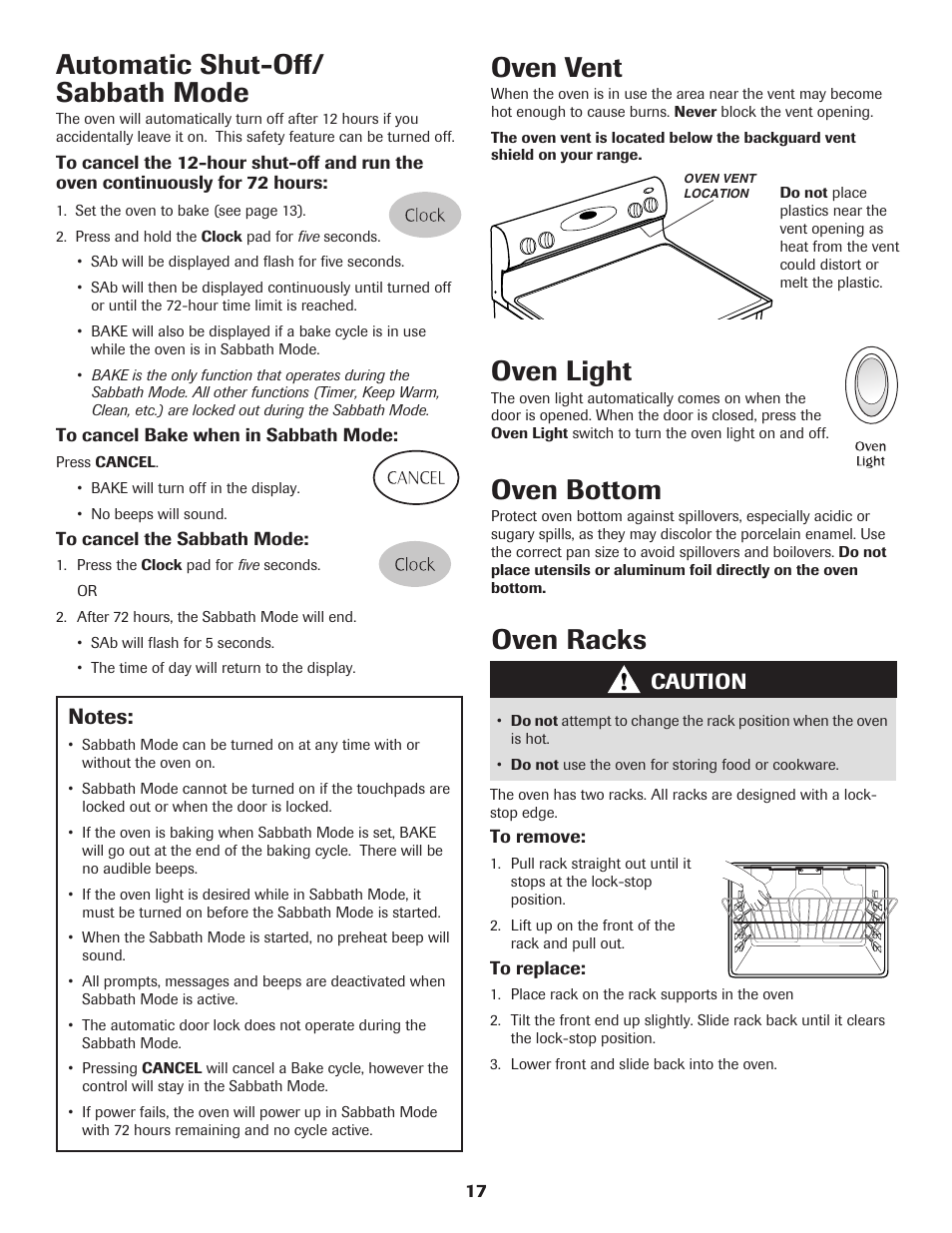 Oven light, Oven bottom, Oven vent | Oven racks, Automatic shut-off/ sabbath mode, Caution | Maytag MER5765RAW User Manual | Page 18 / 20