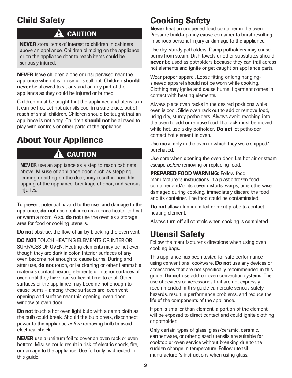 About your appliance cooking safety, Child safety utensil safety | Maytag MER5765RAW User Manual | Page 3 / 20