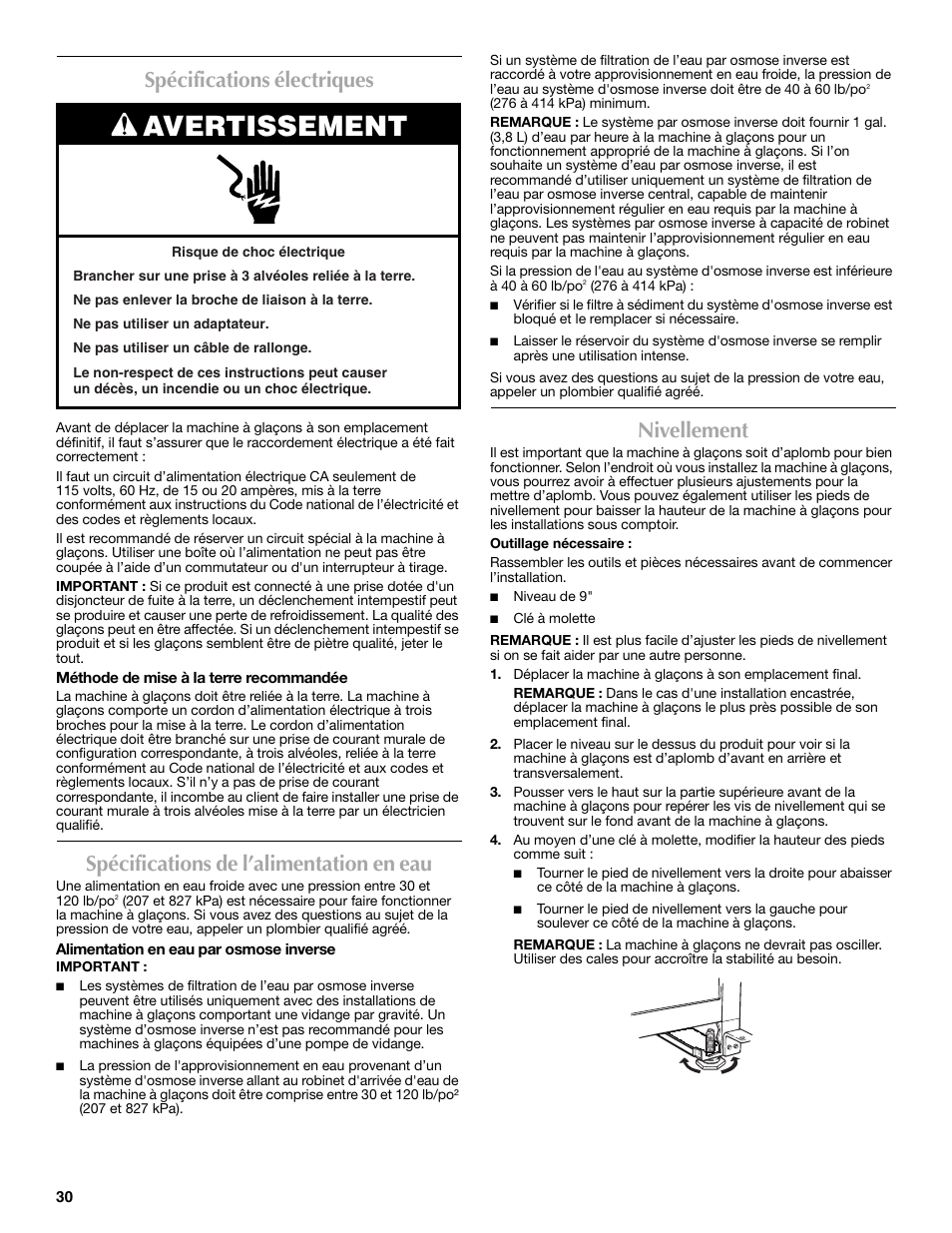 Avertissement, Spécifications électriques, Spécifications de l’alimentation en eau | Nivellement | Maytag MIM1554WRS User Manual | Page 30 / 42
