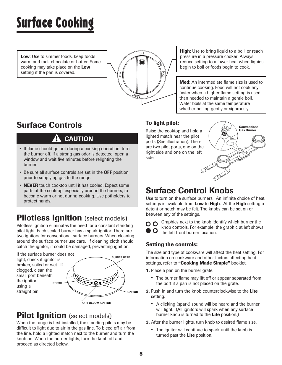 Surface cooking, Surface controls surface control knobs, Pilotless ignition | Pilot ignition, Caution, Select models) | Maytag 8113P448-60 User Manual | Page 6 / 88