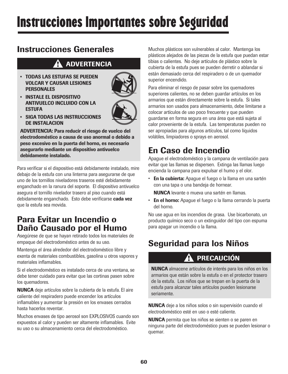 Instrucciones importantes sobre seguridad, Instrucciones generales, Para evitar un incendio o daño causado por el humo | En caso de incendio, Seguridad para los niños | Maytag 8113P448-60 User Manual | Page 61 / 88