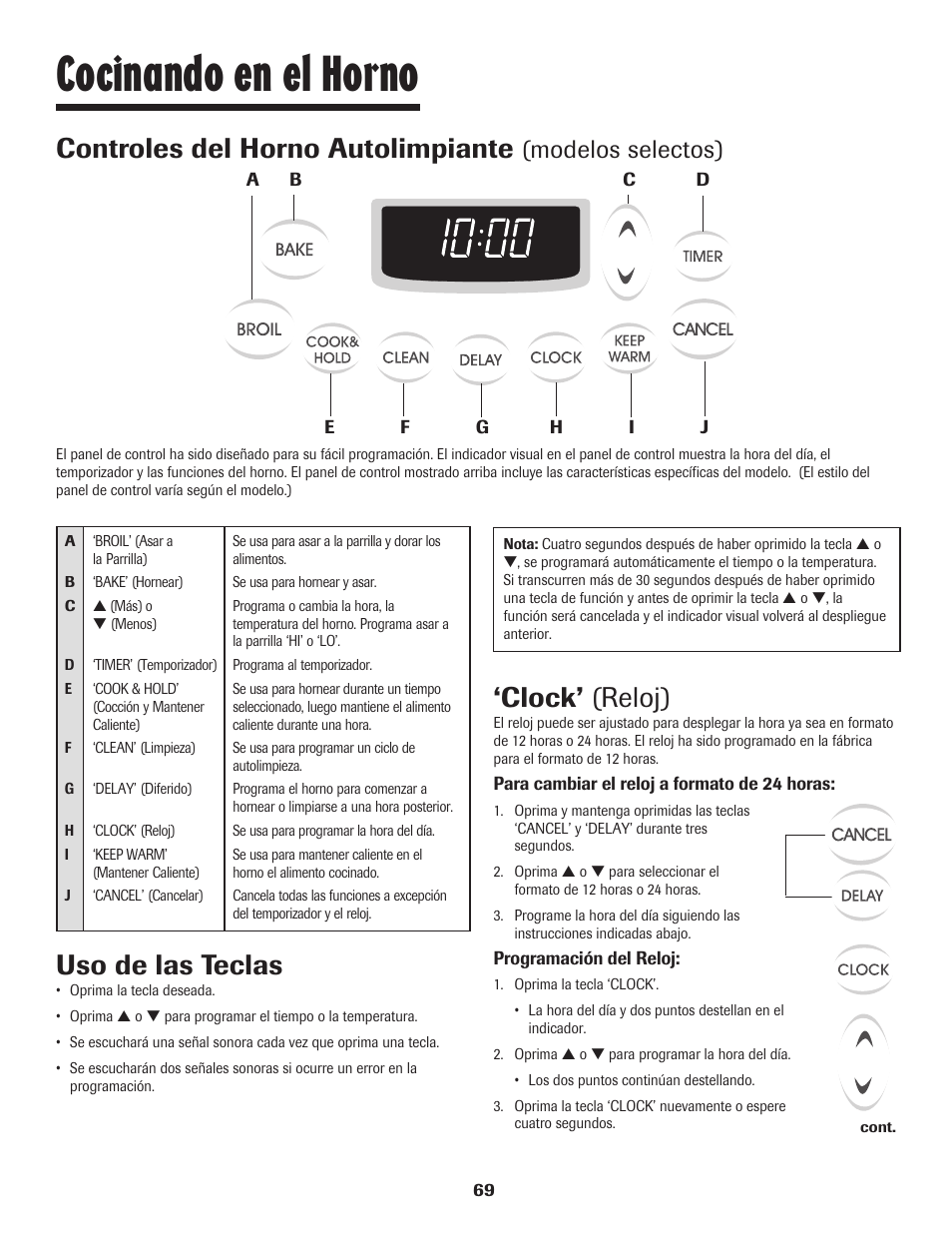 Cocinando en el horno, Controles del horno autolimpiante, Clock’ (reloj) | Uso de las teclas, Modelos selectos) | Maytag 8113P448-60 User Manual | Page 70 / 88