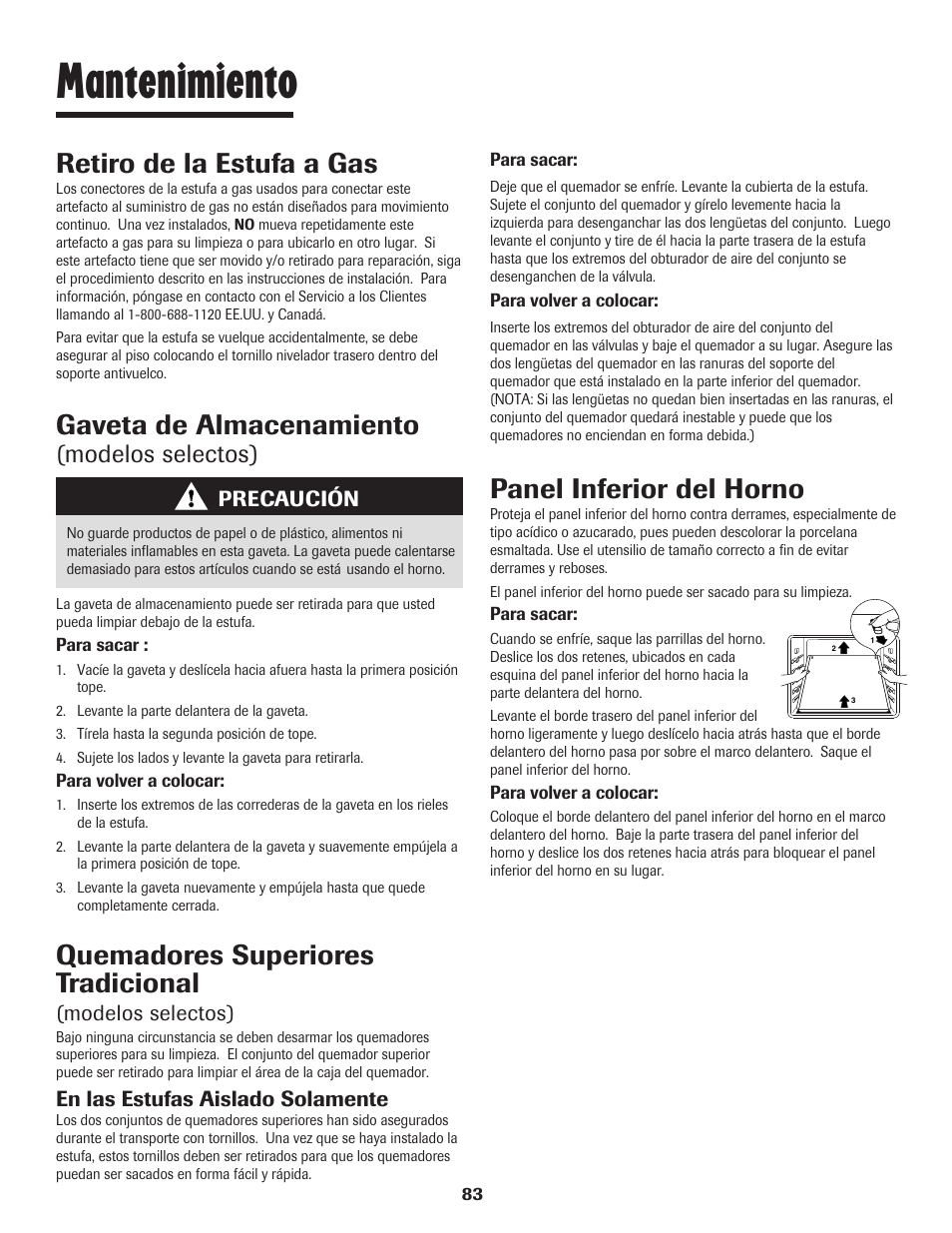 Mantenimiento, Gaveta de almacenamiento, Retiro de la estufa a gas | Panel inferior del horno, Quemadores superiores tradicional, Modelos selectos) | Maytag 8113P448-60 User Manual | Page 84 / 88