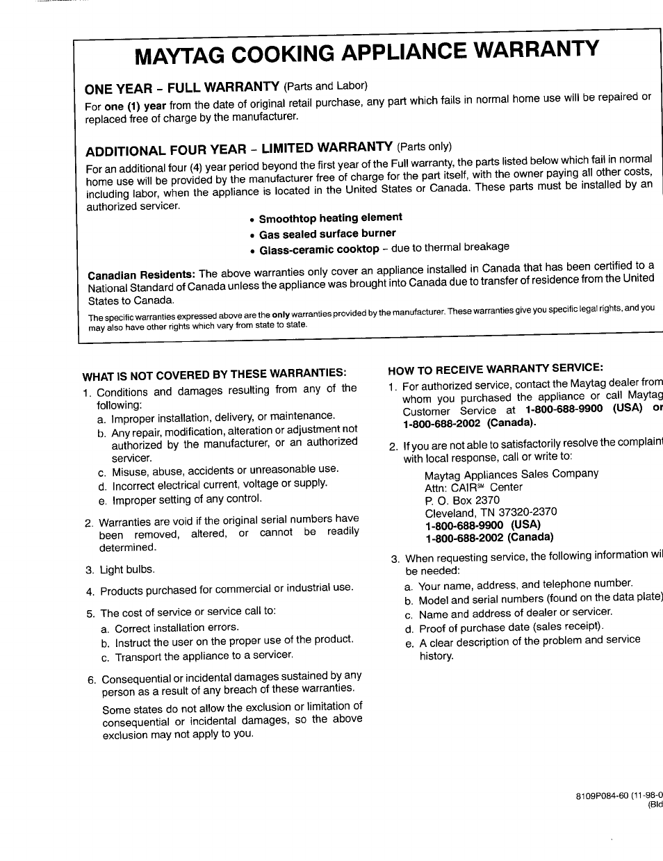 Maytag cooking appliance warranty, One year - full warranty (parts and labor) | Maytag 8111P375-60 User Manual | Page 32 / 32