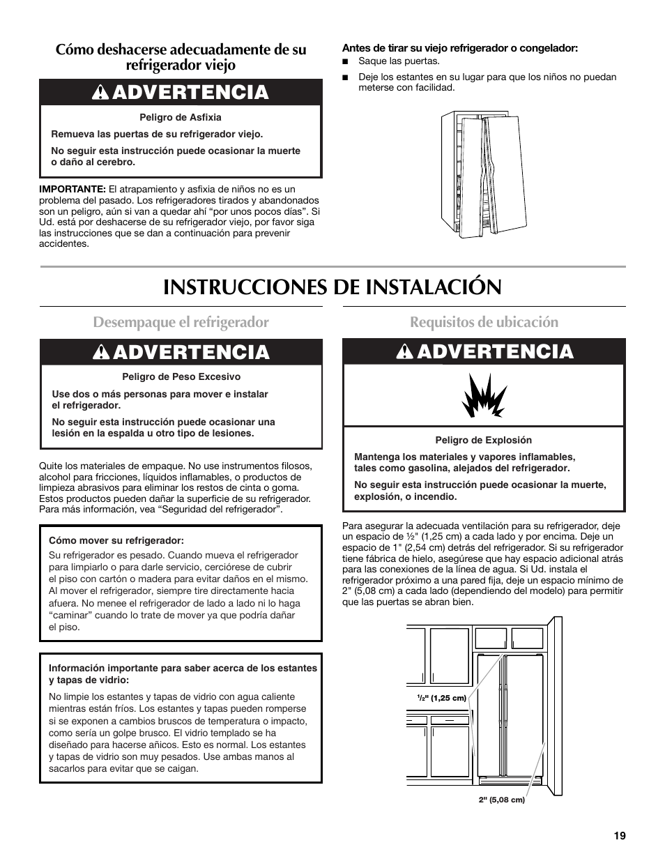 Instrucciones de instalación, Advertencia, Desempaque el refrigerador | Requisitos de ubicación | Maytag P1WG2L User Manual | Page 19 / 52