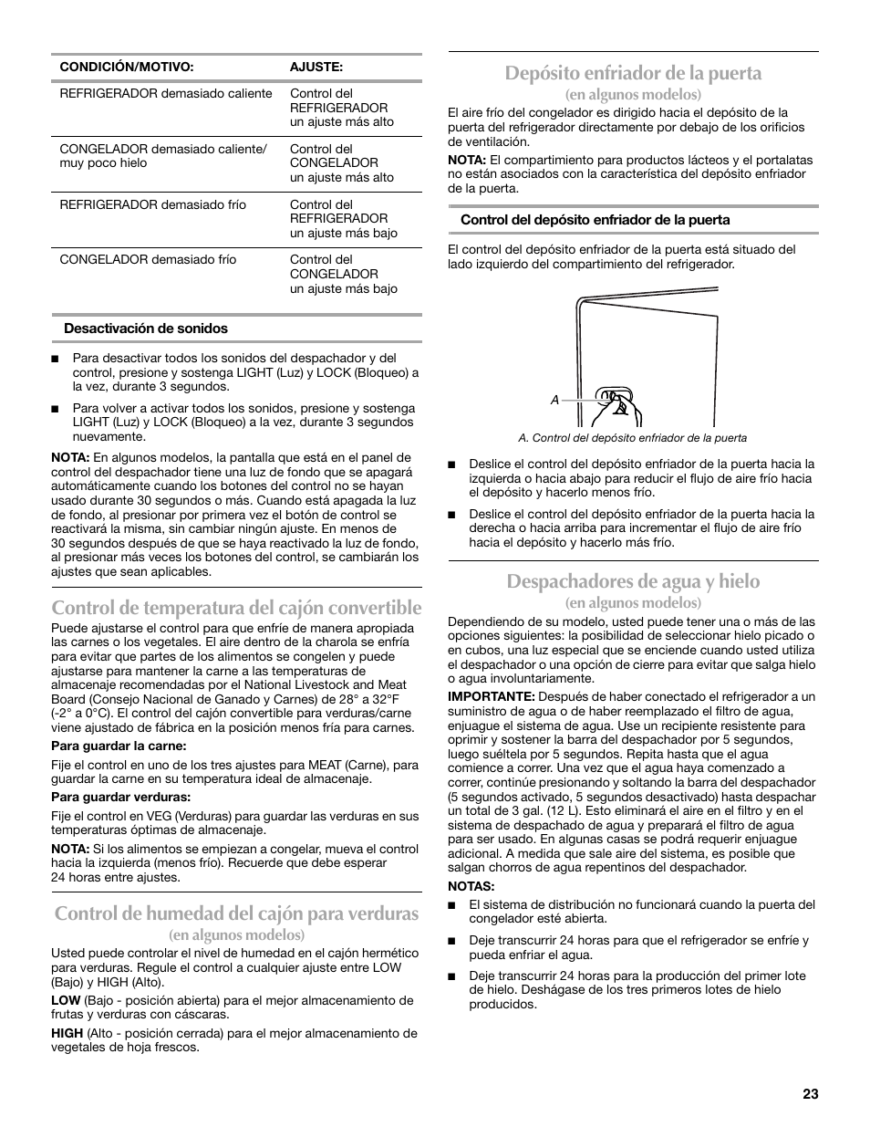 Control de temperatura del cajón convertible, Control de humedad del cajón para verduras, Depósito enfriador de la puerta | Despachadores de agua y hielo | Maytag P1WG2L User Manual | Page 23 / 52