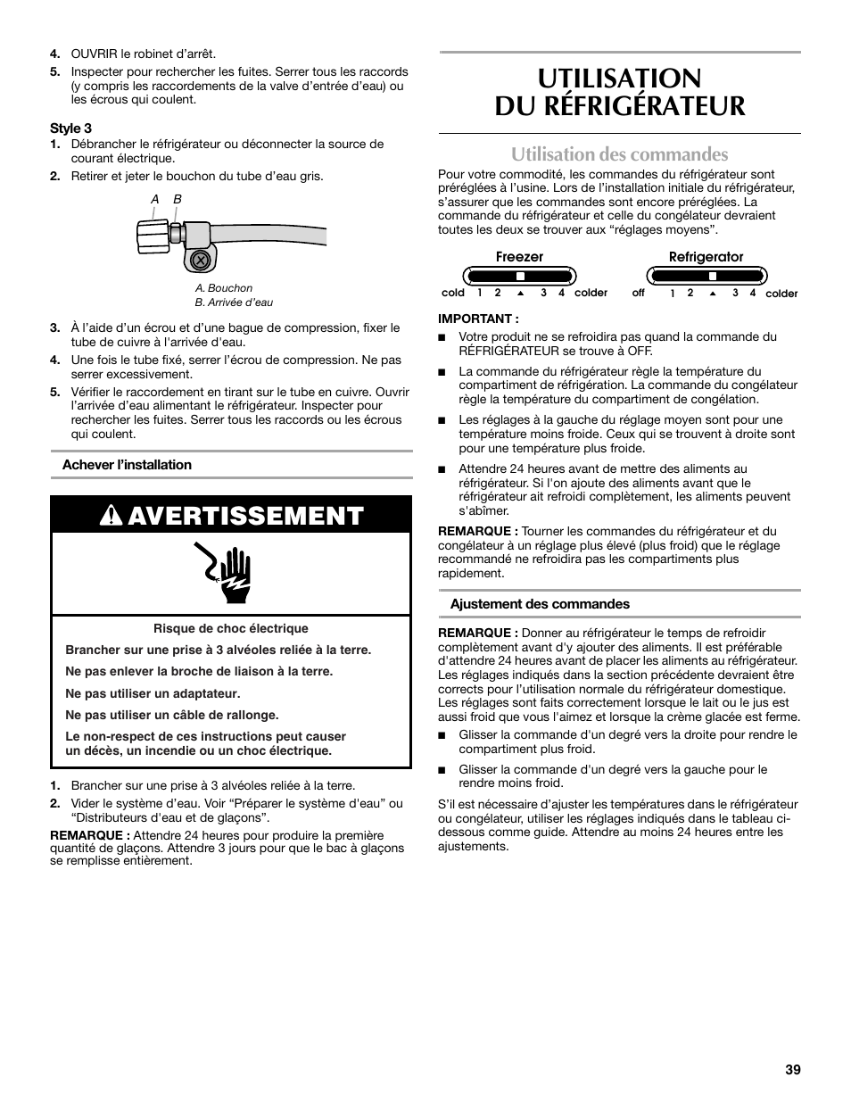 Utilisation du réfrigérateur, Avertissement, Utilisation des commandes | Maytag P1WG2L User Manual | Page 39 / 52