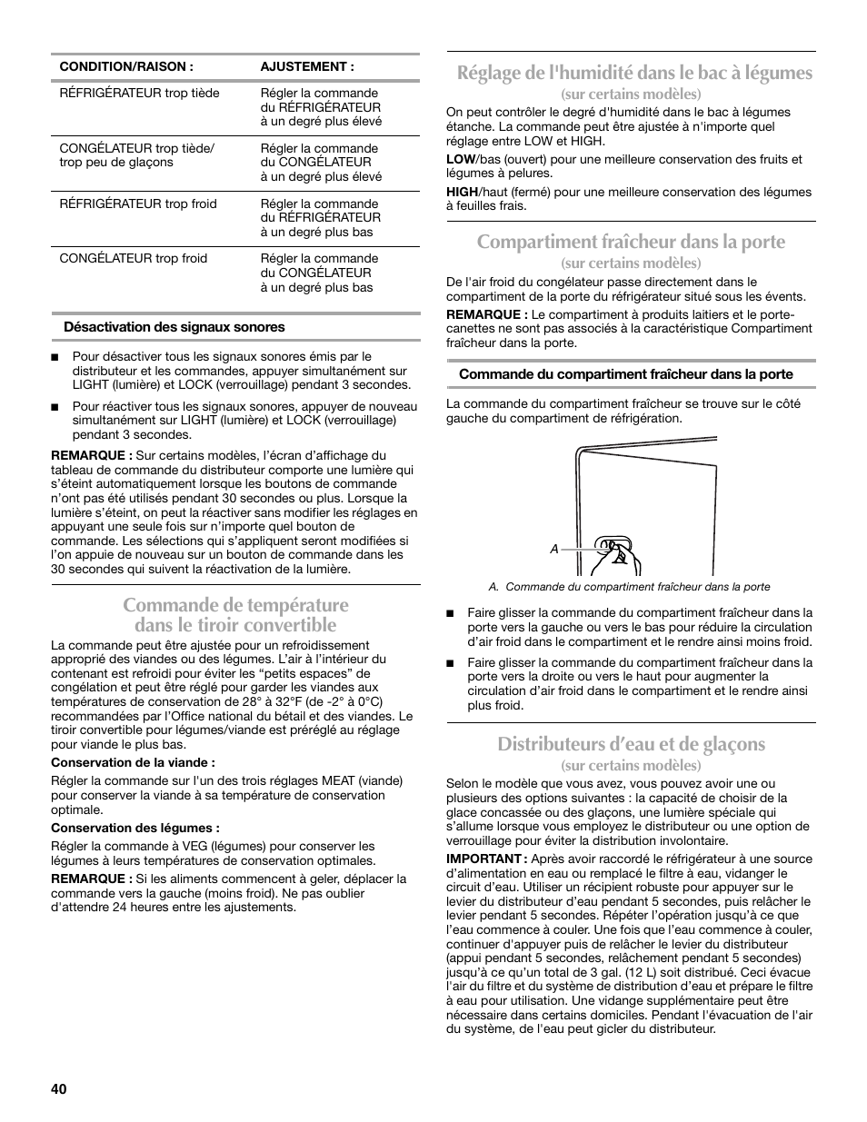 Commande de température dans le tiroir convertible, Réglage de l'humidité dans le bac à légumes, Compartiment fraîcheur dans la porte | Distributeurs d’eau et de glaçons | Maytag P1WG2L User Manual | Page 40 / 52