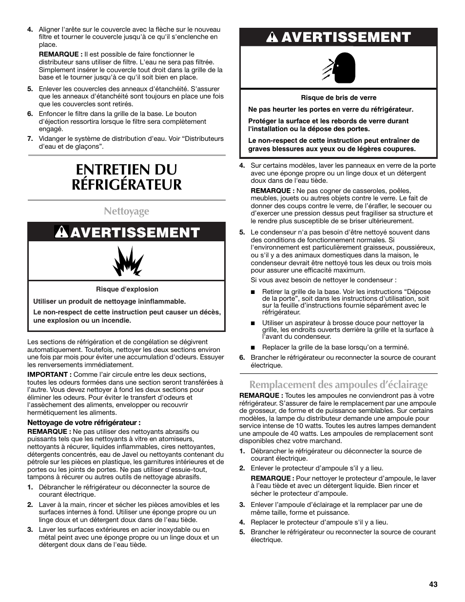 Entretien du réfrigérateur, Avertissement, Nettoyage | Remplacement des ampoules d’éclairage | Maytag P1WG2L User Manual | Page 43 / 52