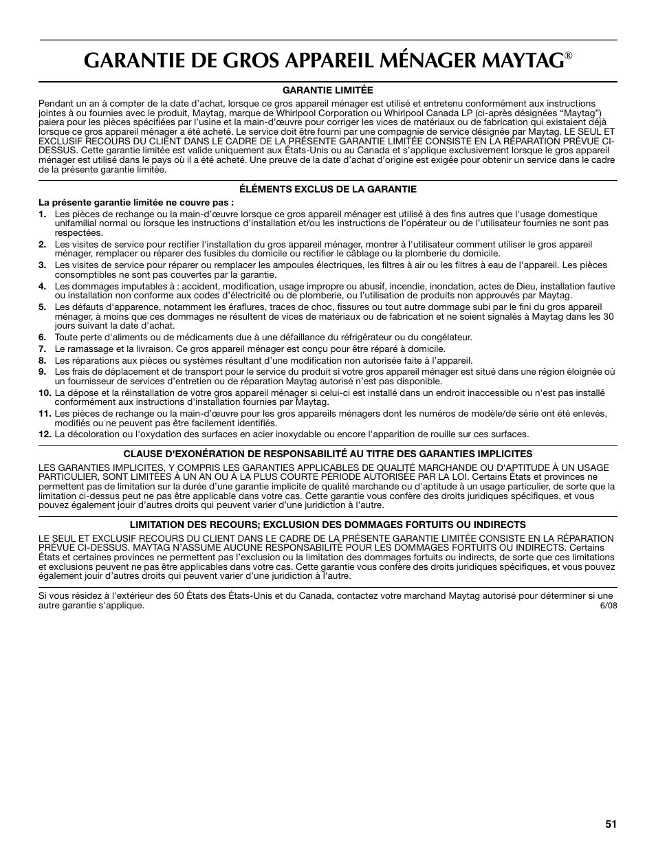 Garantie de gros appareil ménager maytag | Maytag P1WG2L User Manual | Page 51 / 52