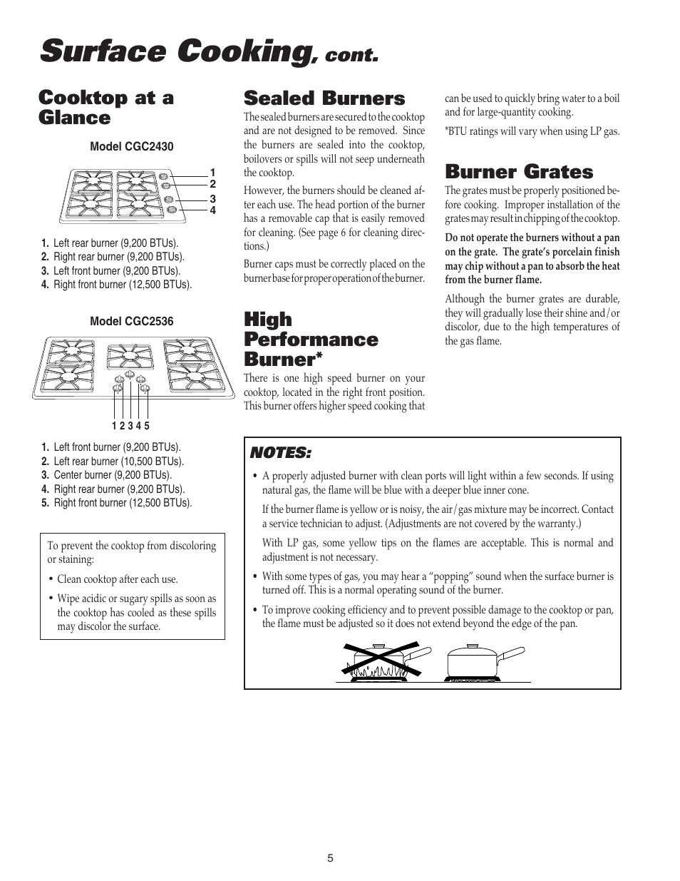 Surface cooking, Burner grates, Cooktop at a glance high performance burner | Cont, Sealed burners | Maytag MGC4436BDB User Manual | Page 6 / 28