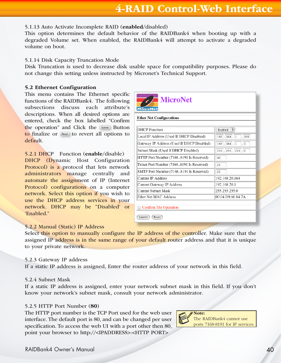 Raid control-web interface | MicroNet Technology Network Device RAIDBank4 User Manual | Page 40 / 66