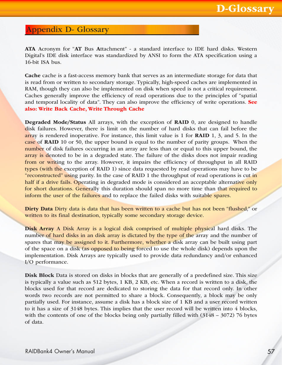 D-glossary, Appendix d- glossary | MicroNet Technology Network Device RAIDBank4 User Manual | Page 57 / 66