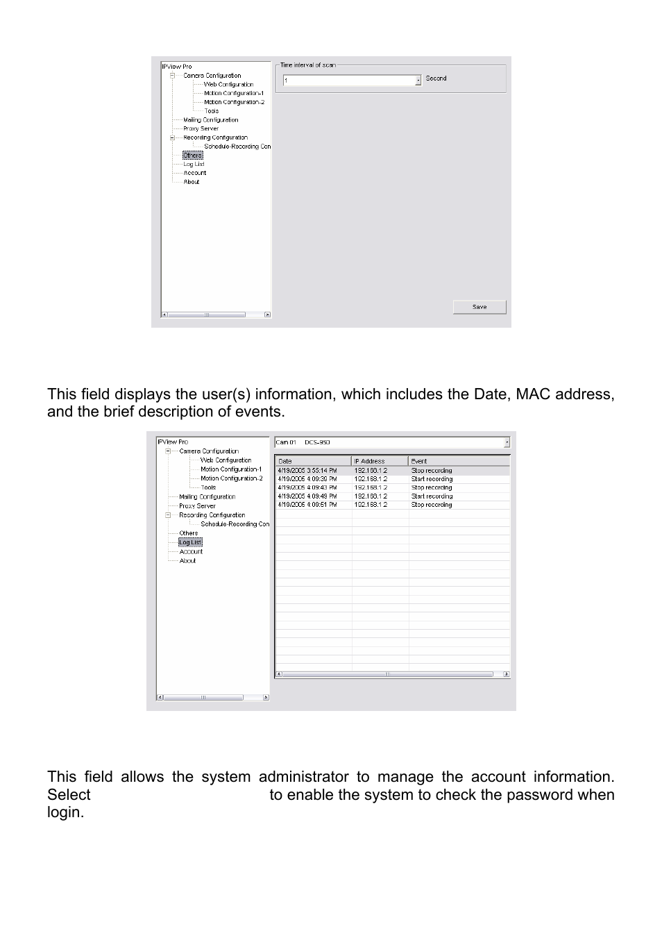 Log list, Account | MicroNet Technology SP5530 User Manual | Page 54 / 67