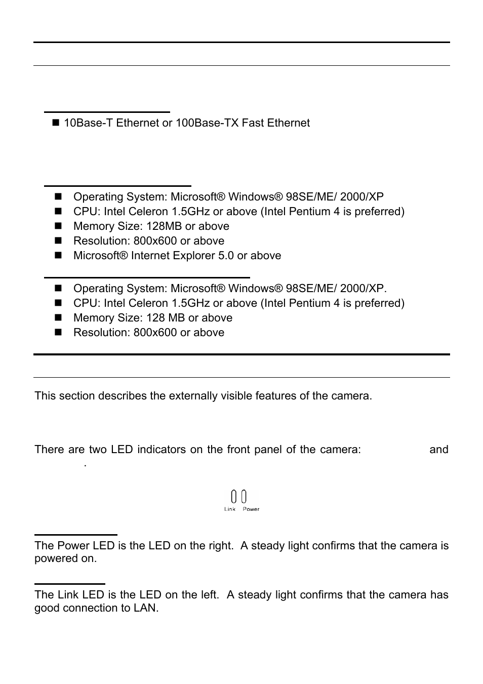 System requirement, Physical description, Networking | Accessing the camera, Front panel | MicroNet Technology SP5530 User Manual | Page 7 / 67