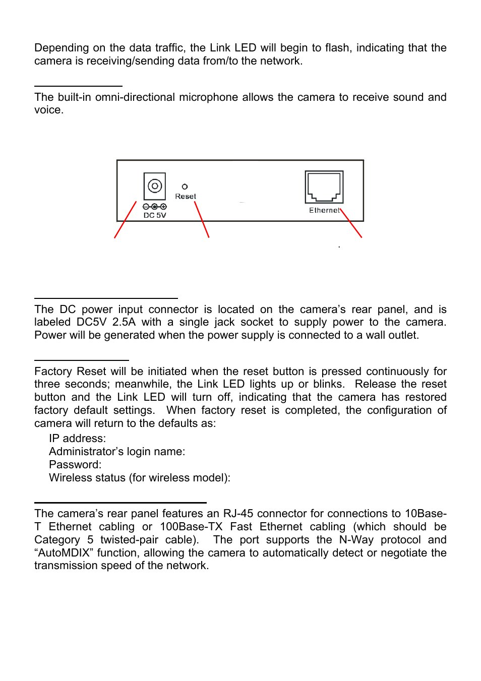 Rear panel, Internal mic, Dc power connector | Reset button, Network cable connector | MicroNet Technology SP5530 User Manual | Page 8 / 67