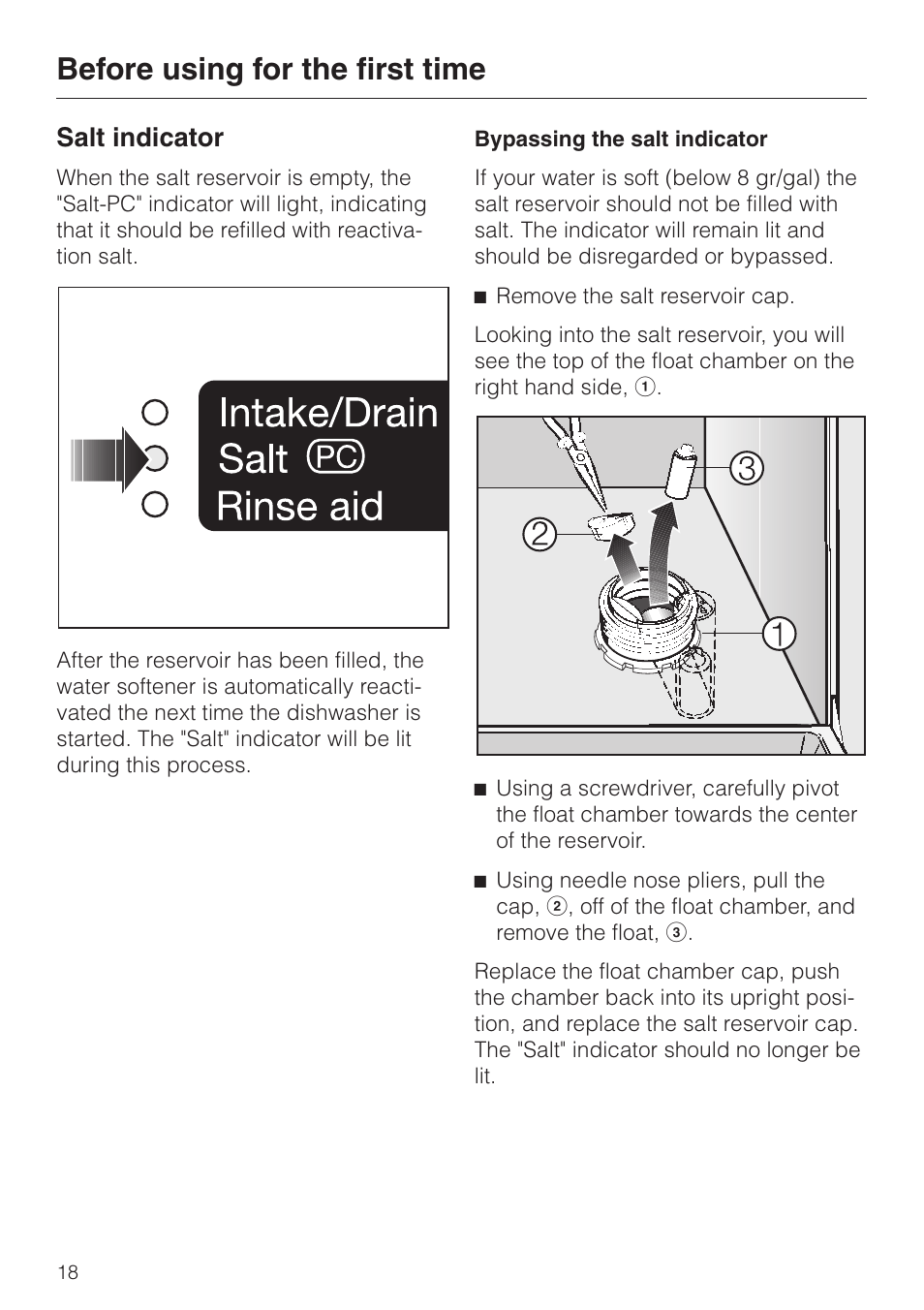 Salt indicator 18, Salt indicator, Before using for the first time | Miele G843SCVI User Manual | Page 18 / 52