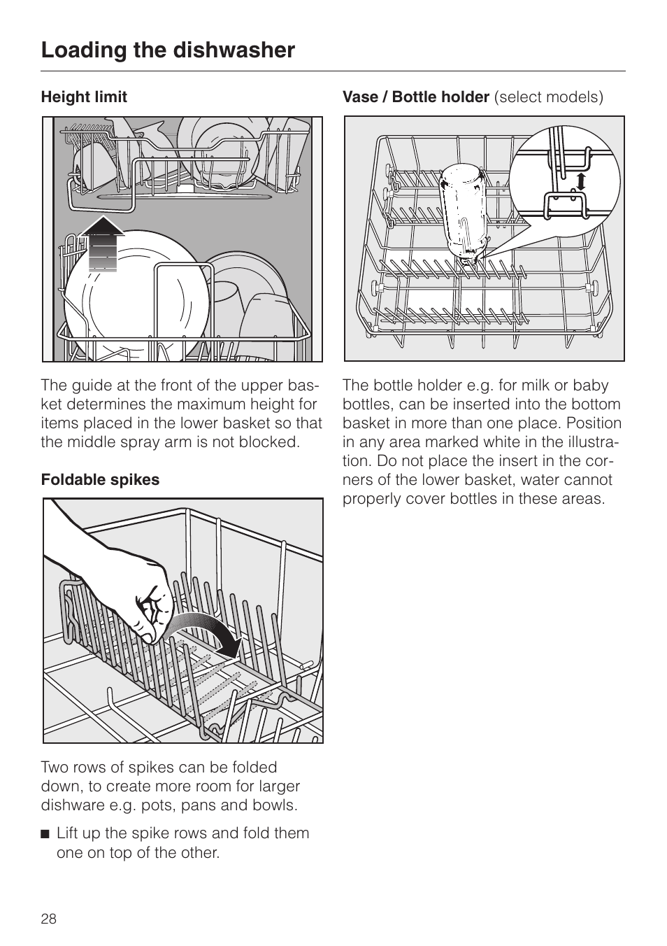 Foldable spikes 28, Bottle holder (select models) 28, Foldable spikes bottle holder (select models) | Loading the dishwasher | Miele G843SCVI User Manual | Page 28 / 52