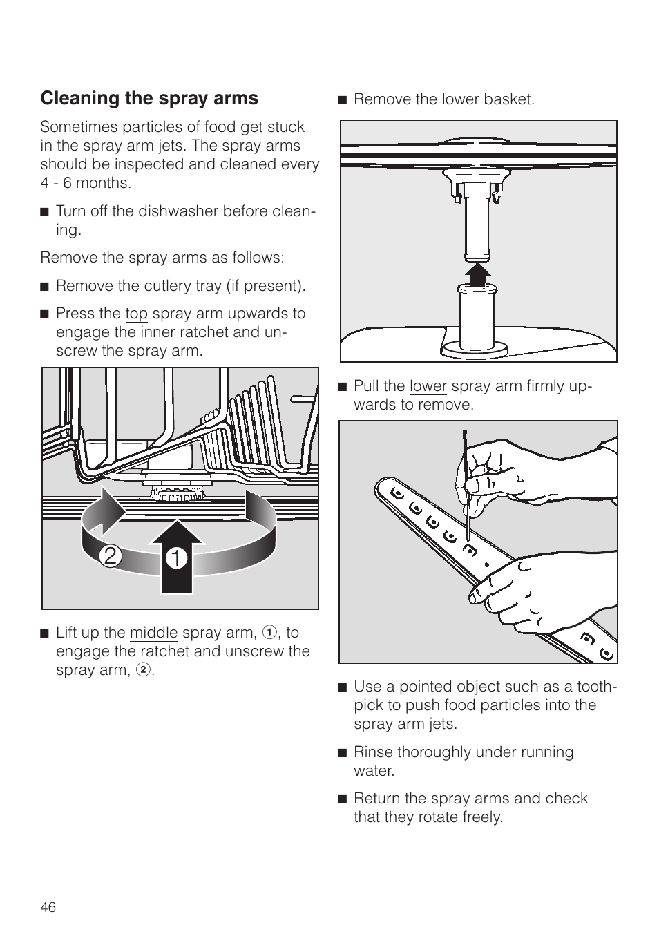 Cleaning the spray arms 46, Cleaning the spray arms | Miele G843SCVI User Manual | Page 46 / 52