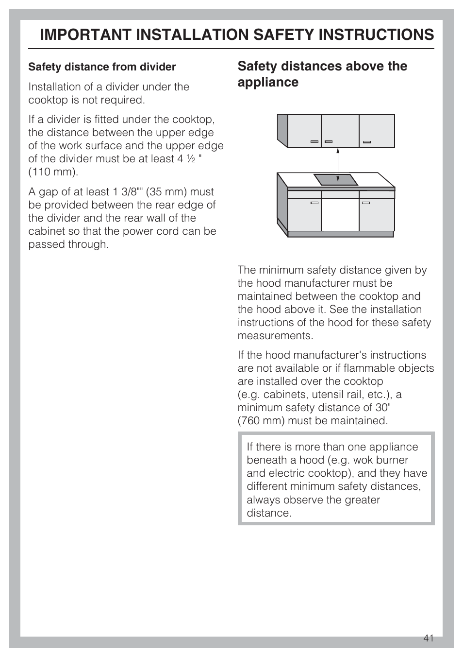 Important installation safety instructions, Safety distances above the appliance | Miele KM 5860 User Manual | Page 41 / 56