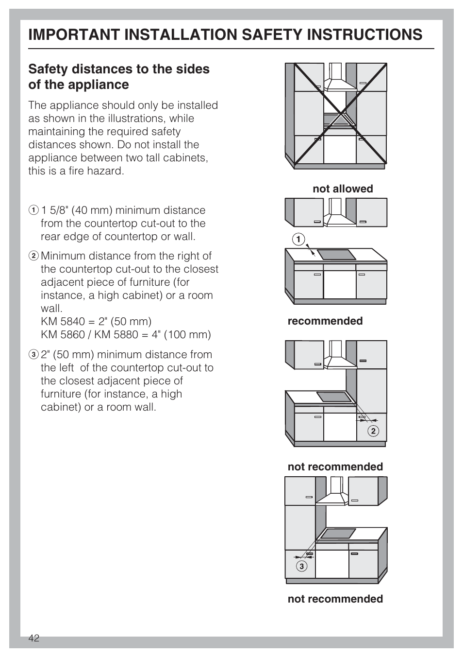 Important installation safety instructions, Safety distances to the sides of the appliance | Miele KM 5860 User Manual | Page 42 / 56