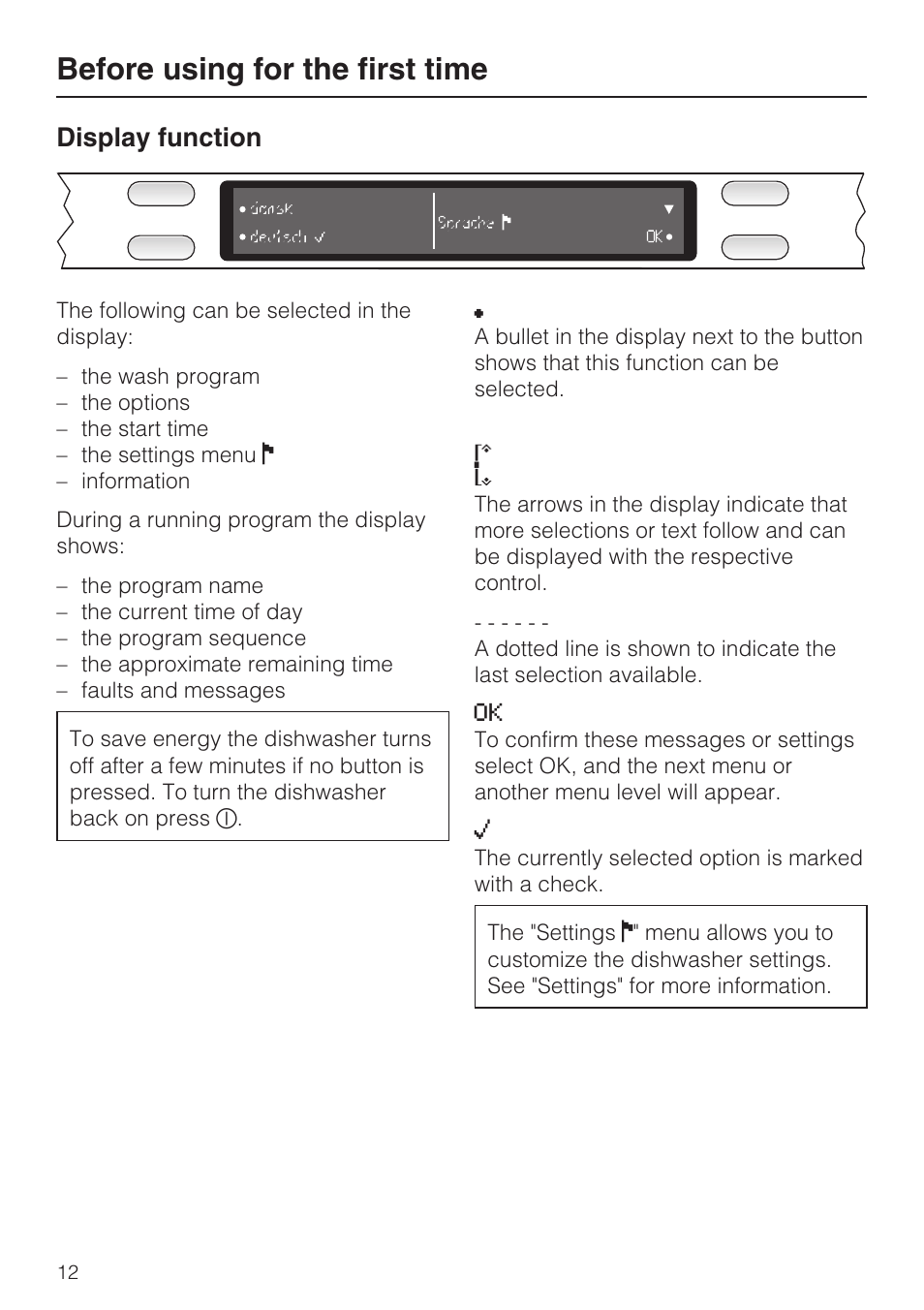 Display function 12, Before using for the first time, Display function | Miele G 5975 User Manual | Page 12 / 84