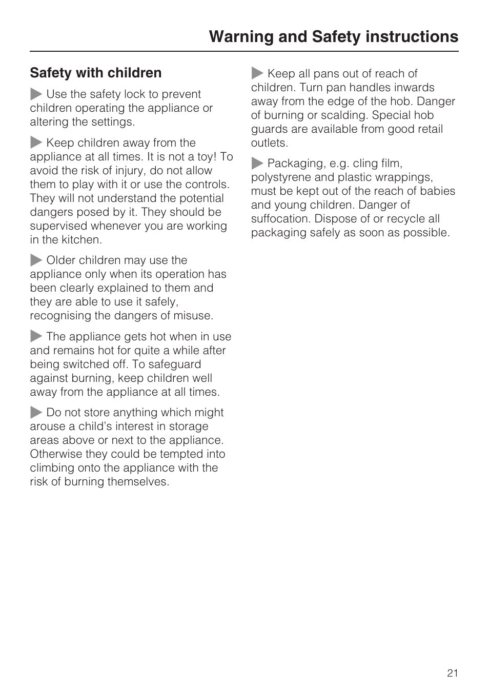 Warning and safety instructions | Miele KM5958 User Manual | Page 21 / 84