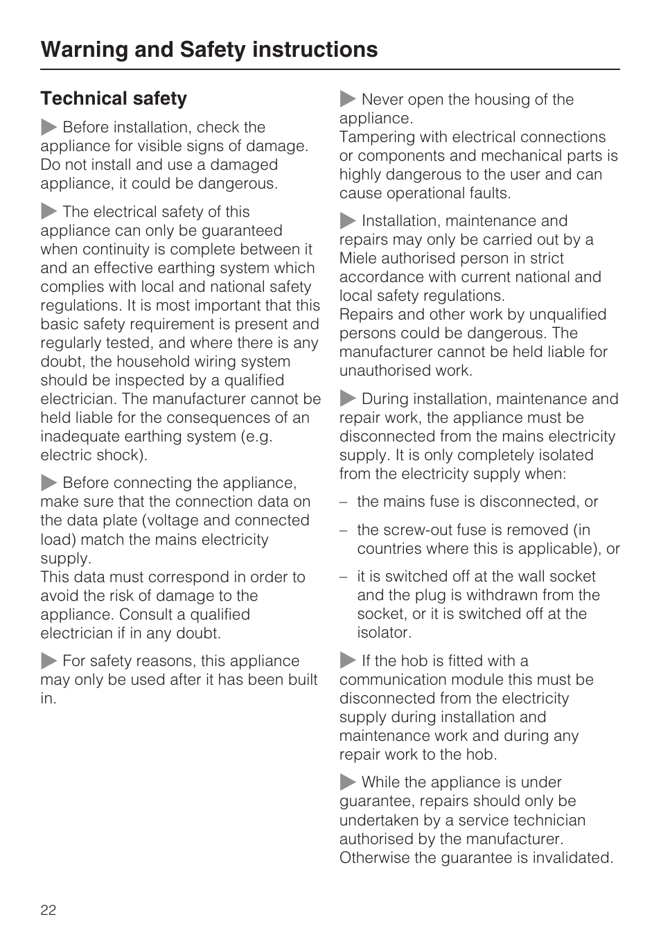 Warning and safety instructions | Miele KM5958 User Manual | Page 22 / 84
