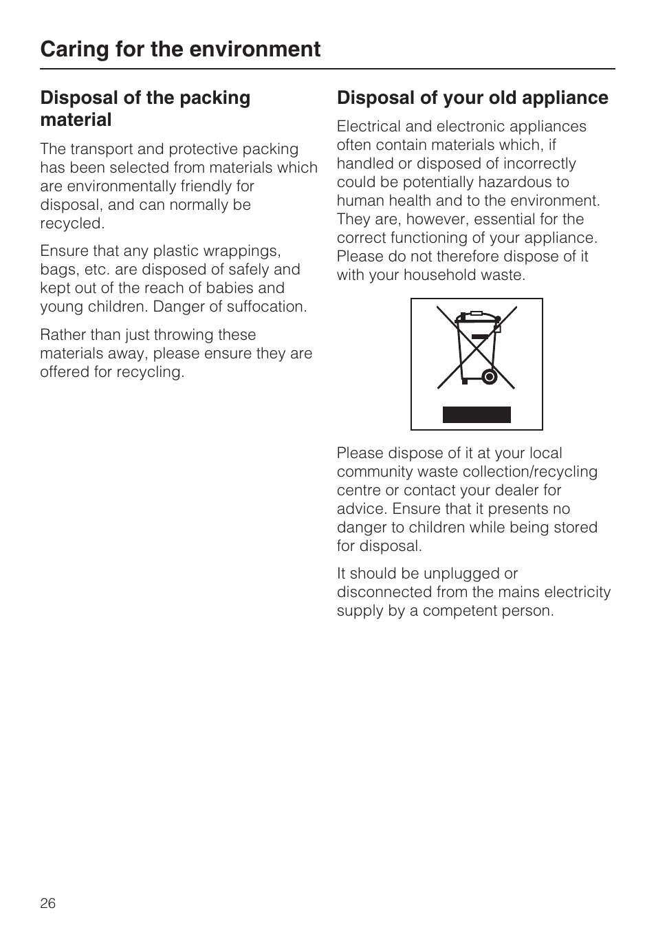 Caring for the environment 26, Caring for the environment | Miele KM5958 User Manual | Page 26 / 84