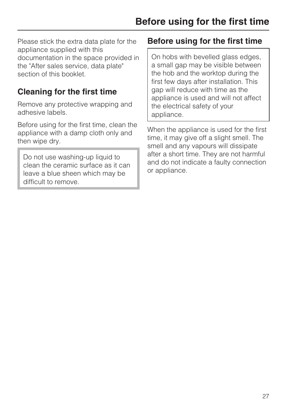 Before using for the first time 27, Cleaning for the first time 27, Before using for the first time | Miele KM5958 User Manual | Page 27 / 84